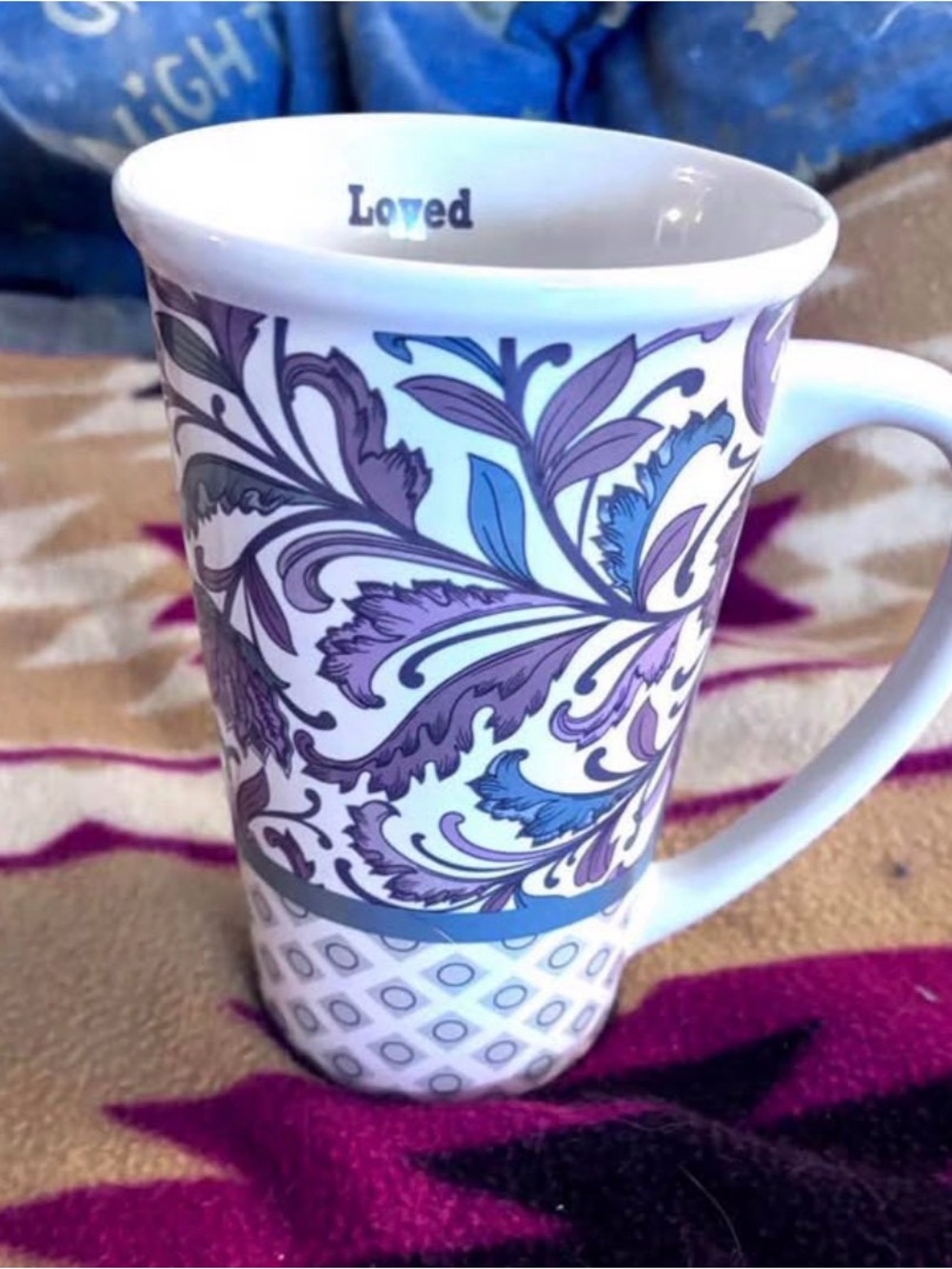 Boston Warehouse Purple and Blue Floral Ceramic Mug - "Loved"